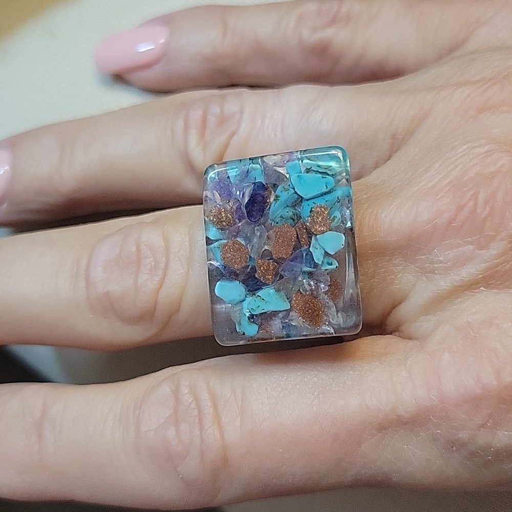 TURQUOISE BRONZE SHIMMER ACRYLIC RING, METAL FREE